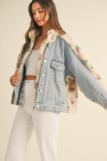 Floral Shearling Fleece & Denim Oversized Jacket