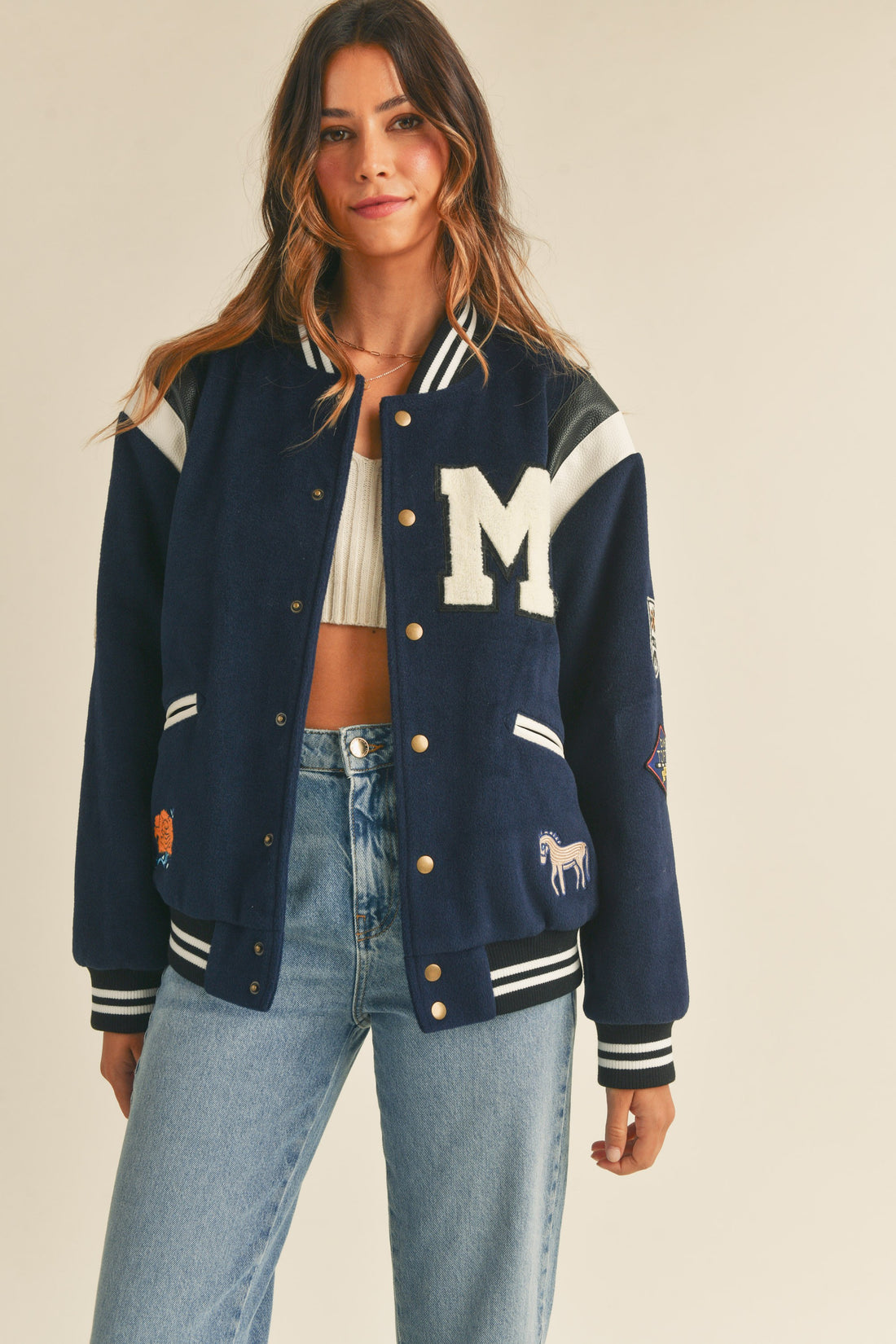 M varsity patch bomber sale