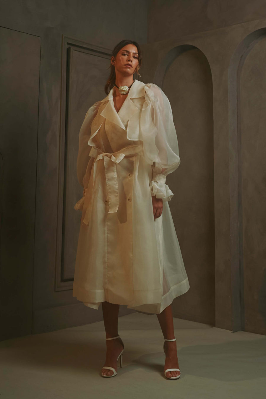 Organza Puff Sleeve Sheer Trench Coat