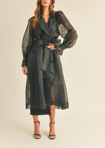 Organza Puff Sleeve Sheer Trench Coat