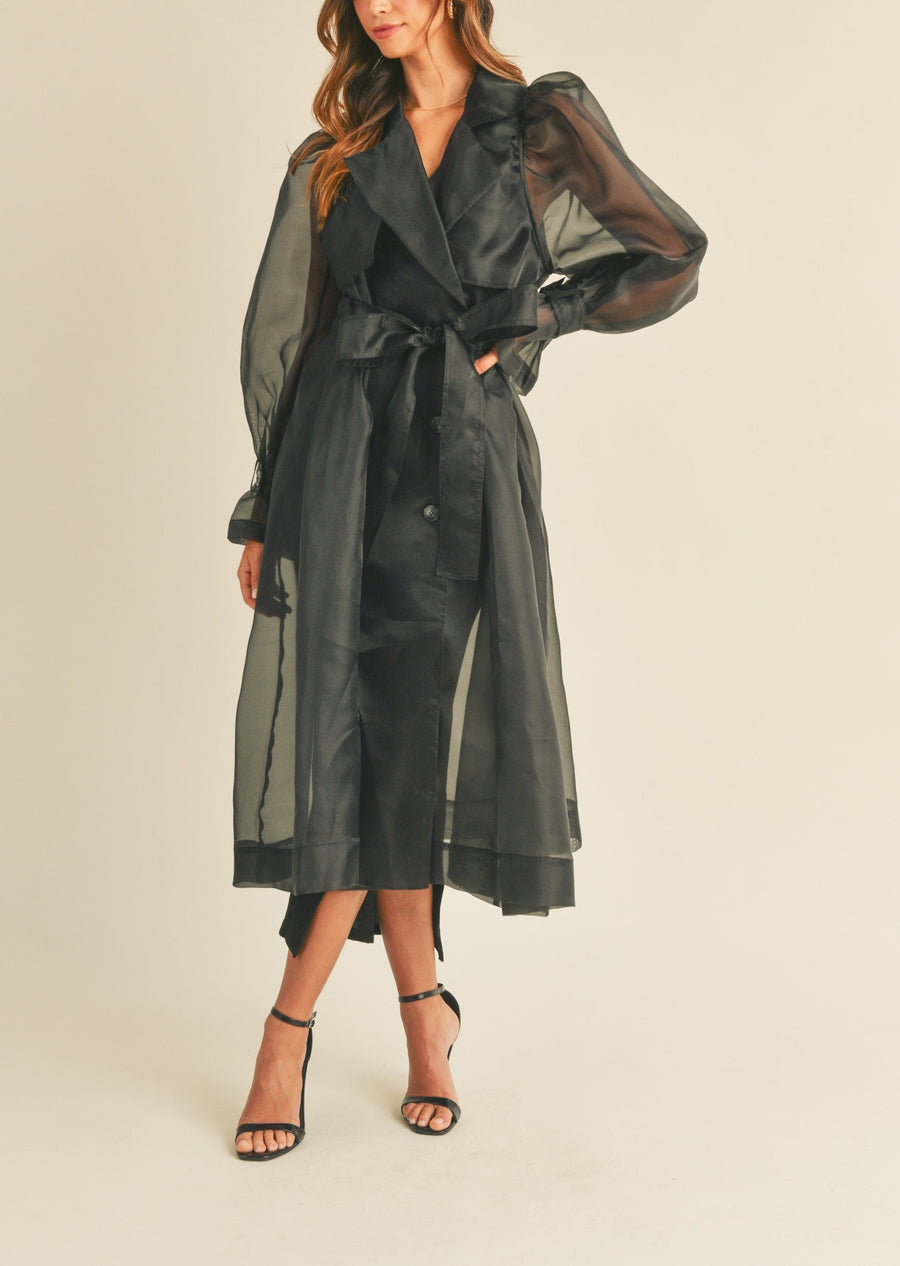 Organza Puff Sleeve Sheer Trench Coat