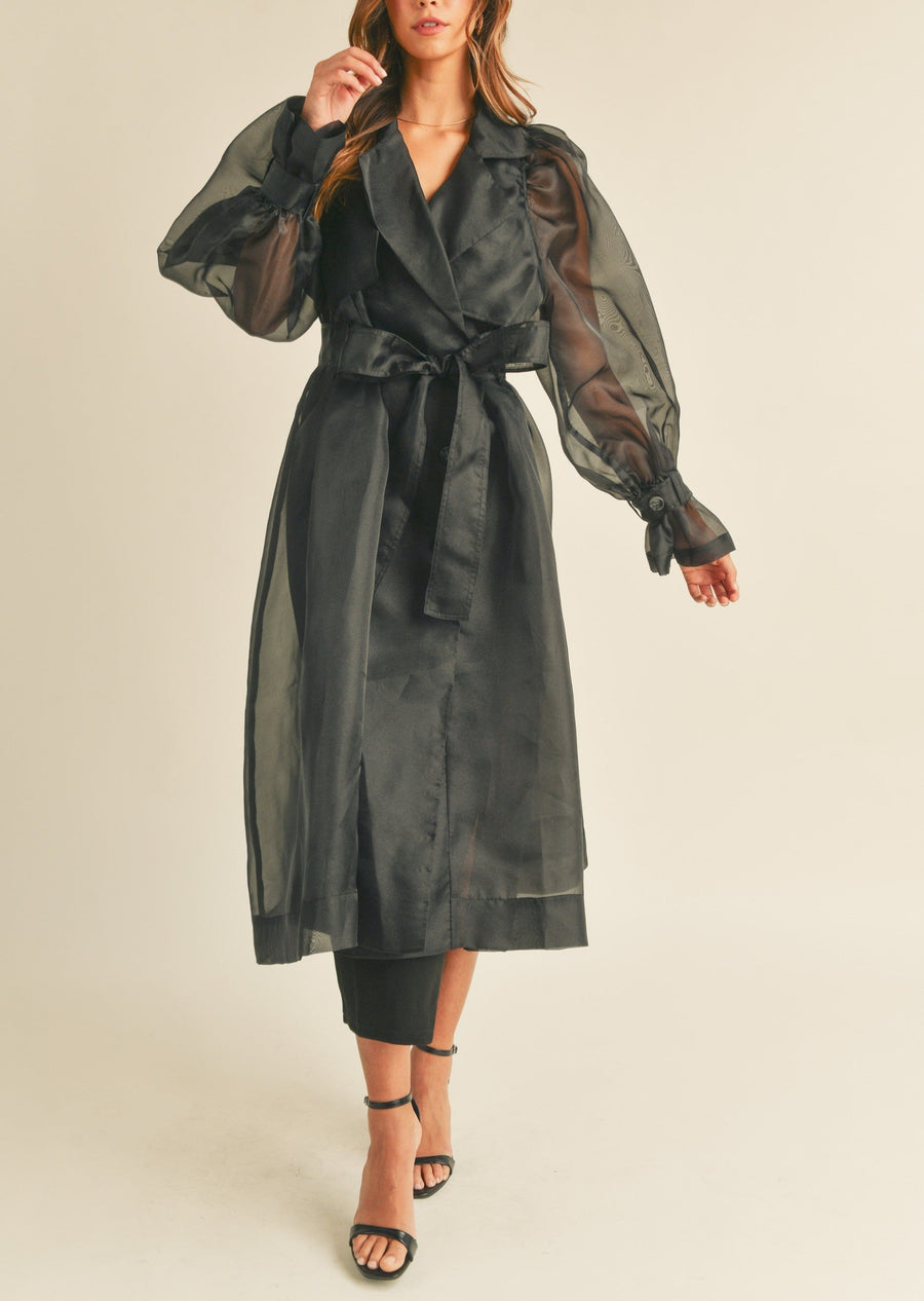 Organza Puff Sleeve Sheer Trench Coat