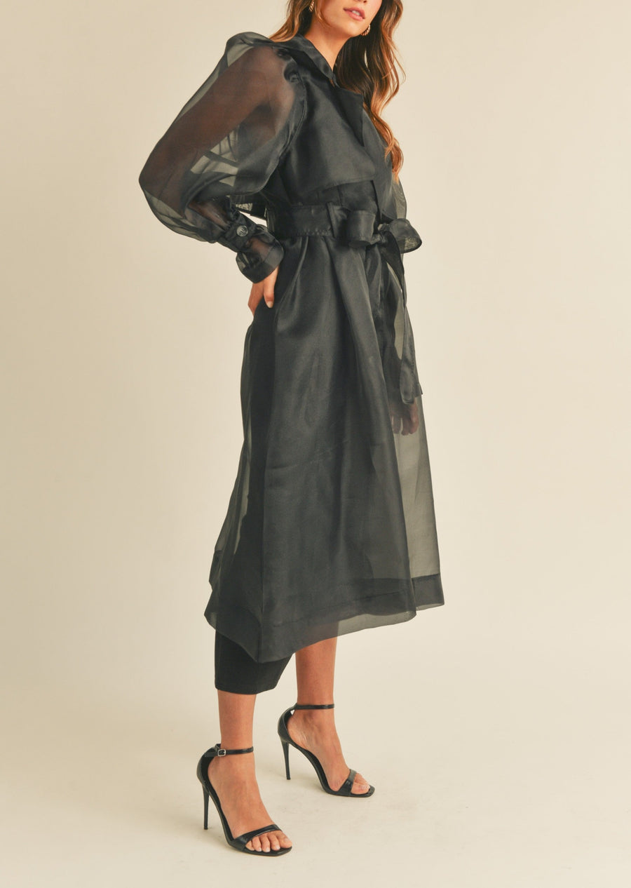 Organza Puff Sleeve Sheer Trench Coat