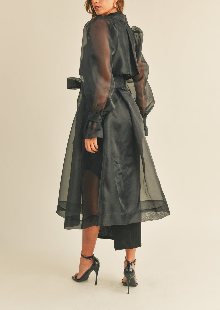 Organza Puff Sleeve Sheer Trench Coat