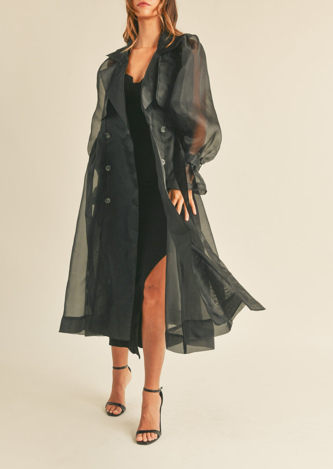 Organza Puff Sleeve Sheer Trench Coat