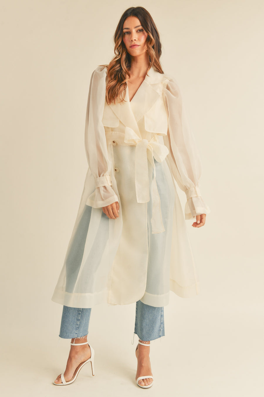 Organza Puff Sleeve Sheer Trench Coat