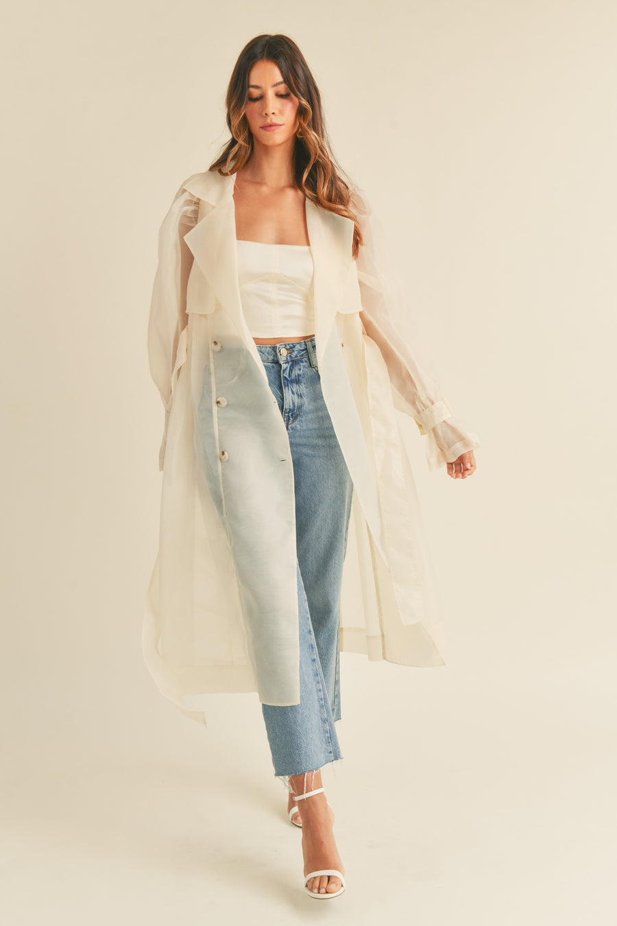 Organza Puff Sleeve Sheer Trench Coat