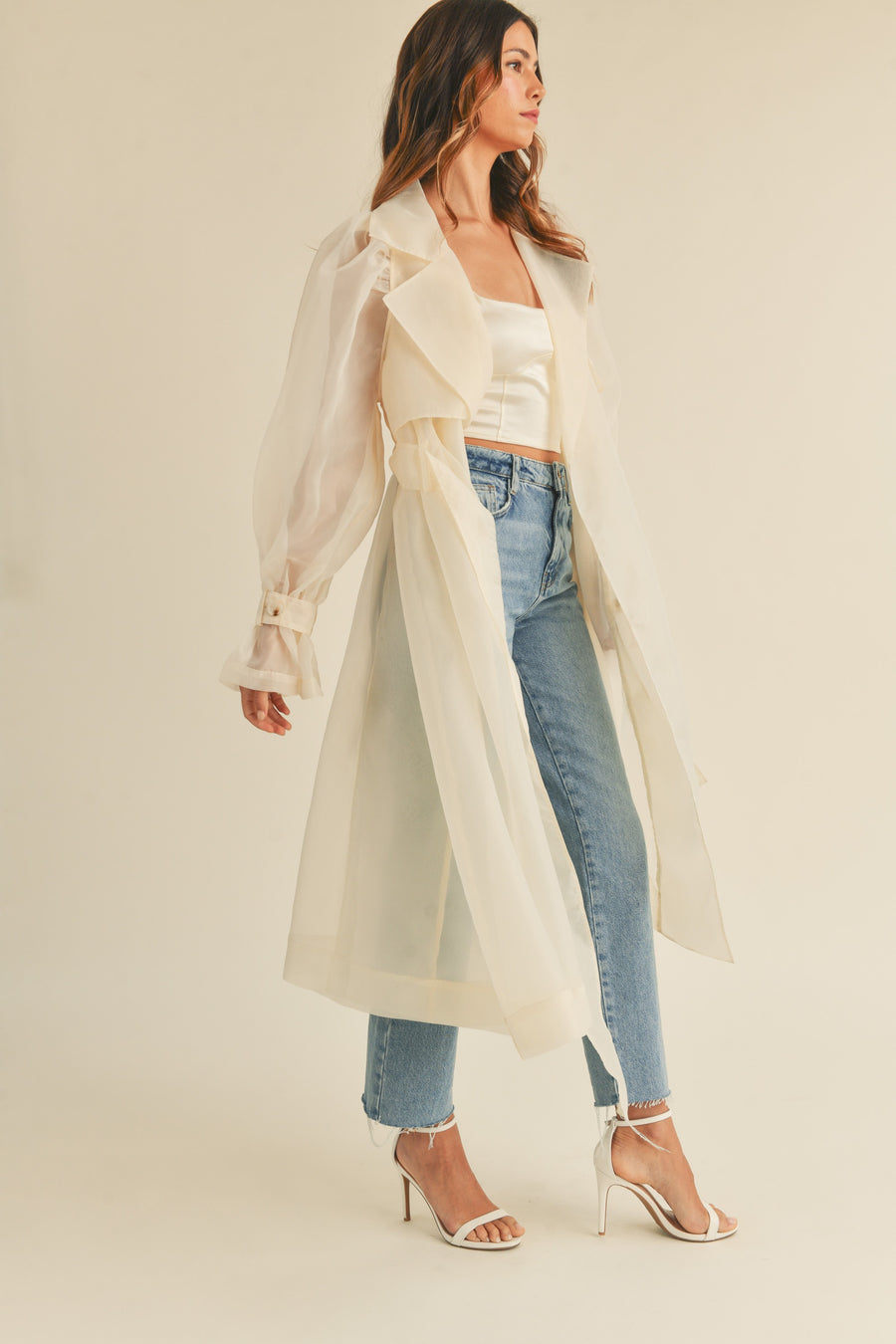 Organza Puff Sleeve Sheer Trench Coat