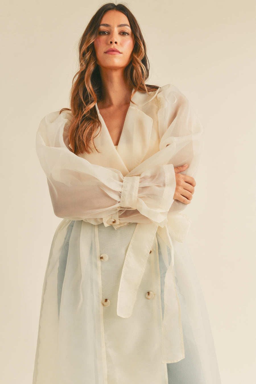 Organza Puff Sleeve Sheer Trench Coat