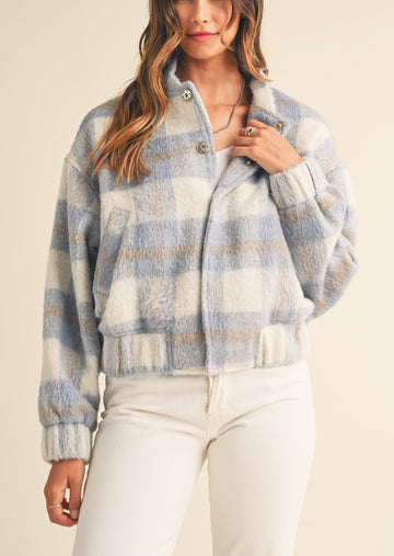 Fuzzy Plaid Bomber Jacket