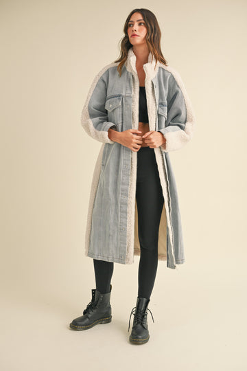 Fleece and Denim Oversized Long Jacket