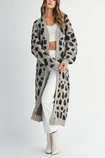 Leopard Print Long Knit Cardigan with Belt