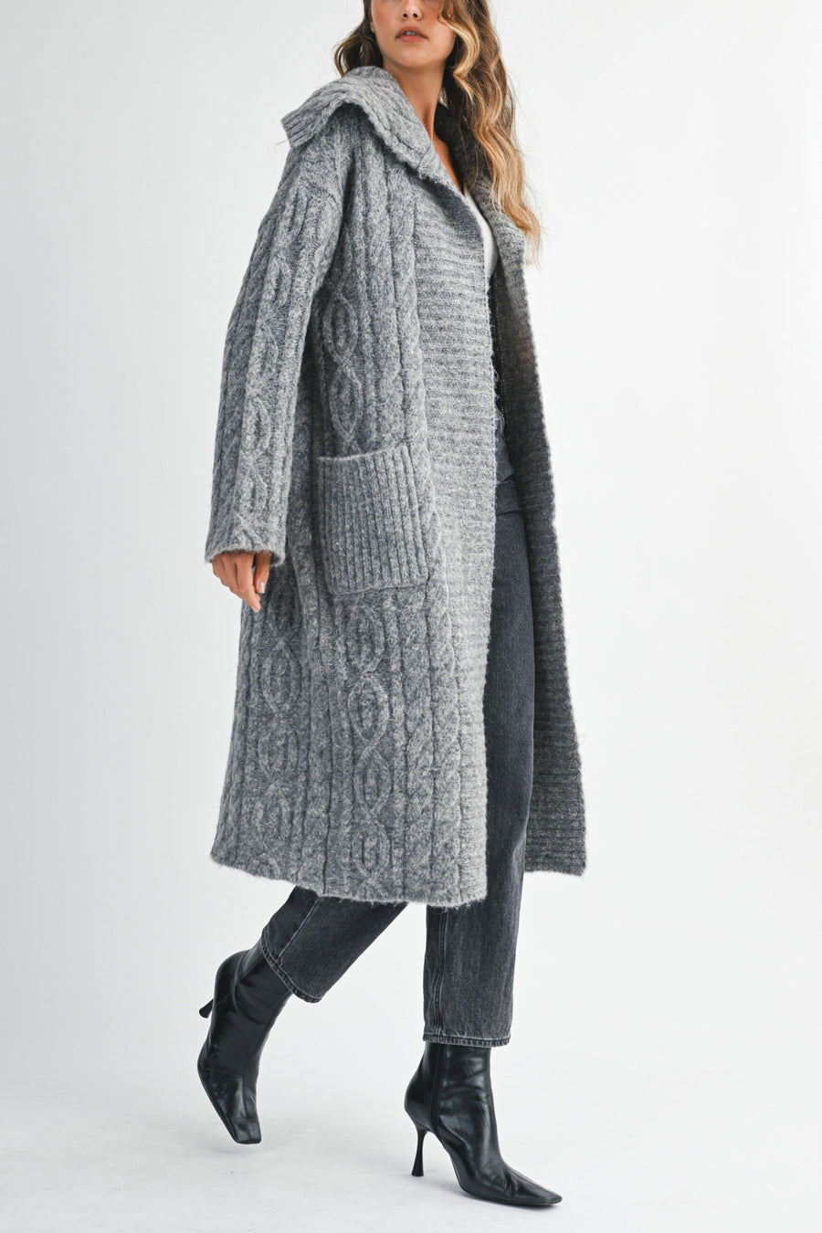 Cozy Cable Knit Longline Cardigan Coat with Hood