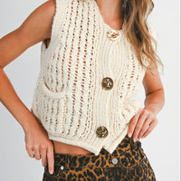 Chunky Knit Button-Up Vest with Gold Button