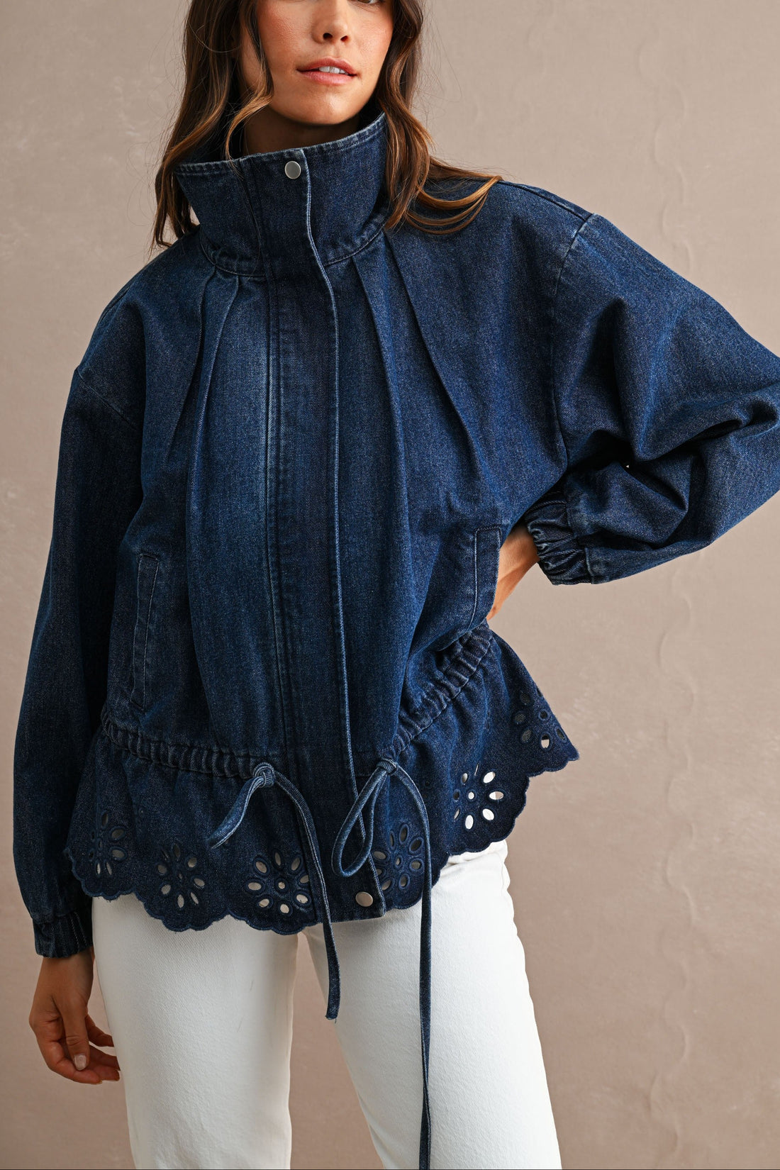 Eyelet Embroidered Drawstring Denim Utility Jacket