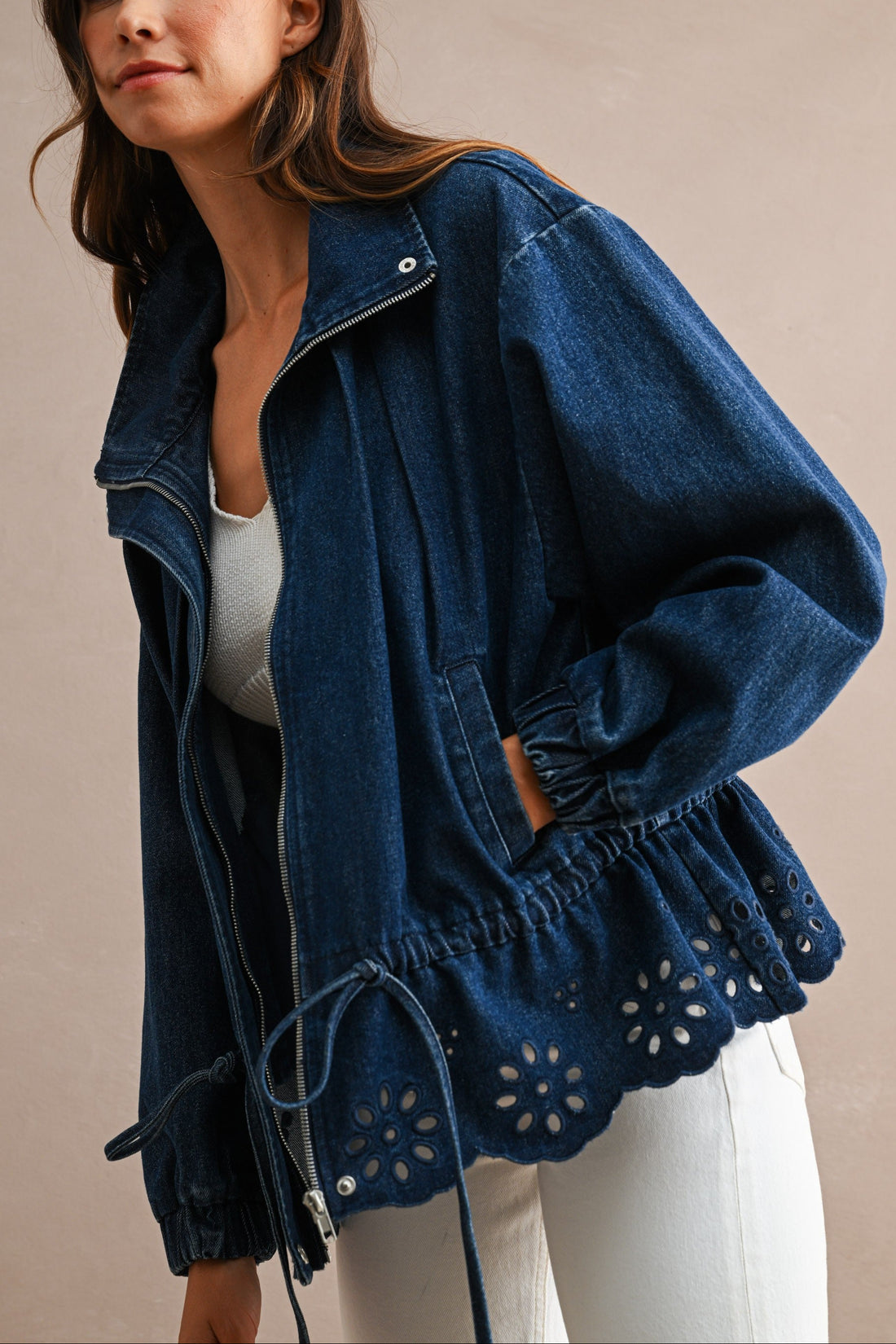 Eyelet Embroidered Drawstring Denim Utility Jacket