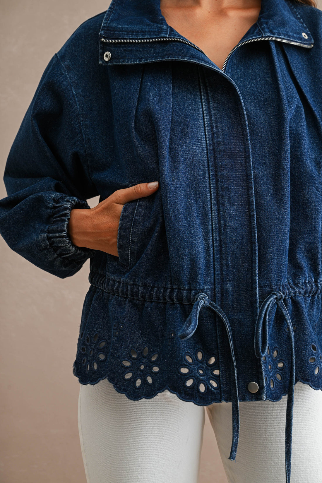 Eyelet Embroidered Drawstring Denim Utility Jacket