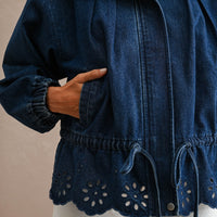 Eyelet Embroidered Drawstring Denim Utility Jacket