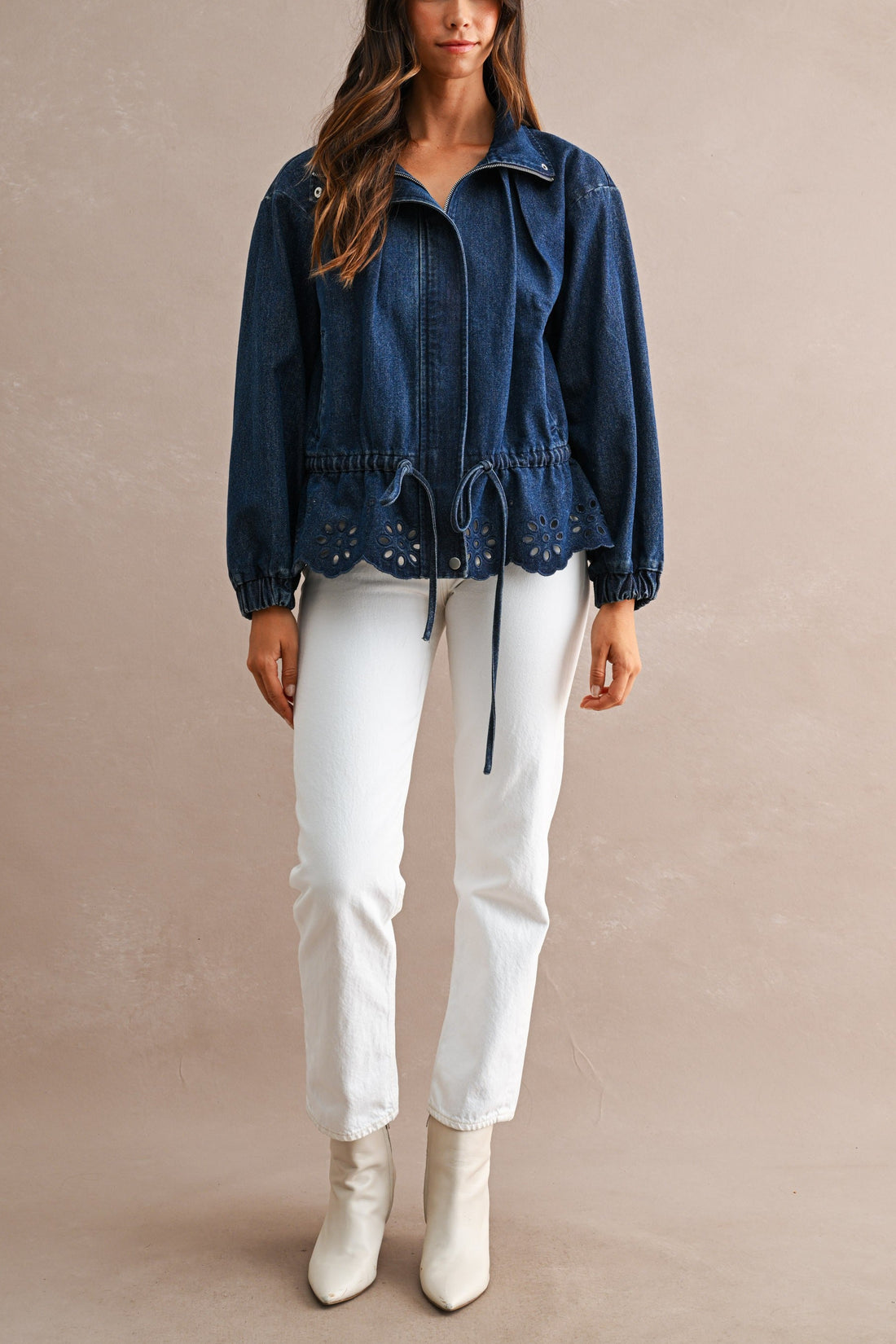 Eyelet Embroidered Drawstring Denim Utility Jacket