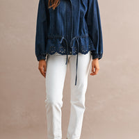 Eyelet Embroidered Drawstring Denim Utility Jacket