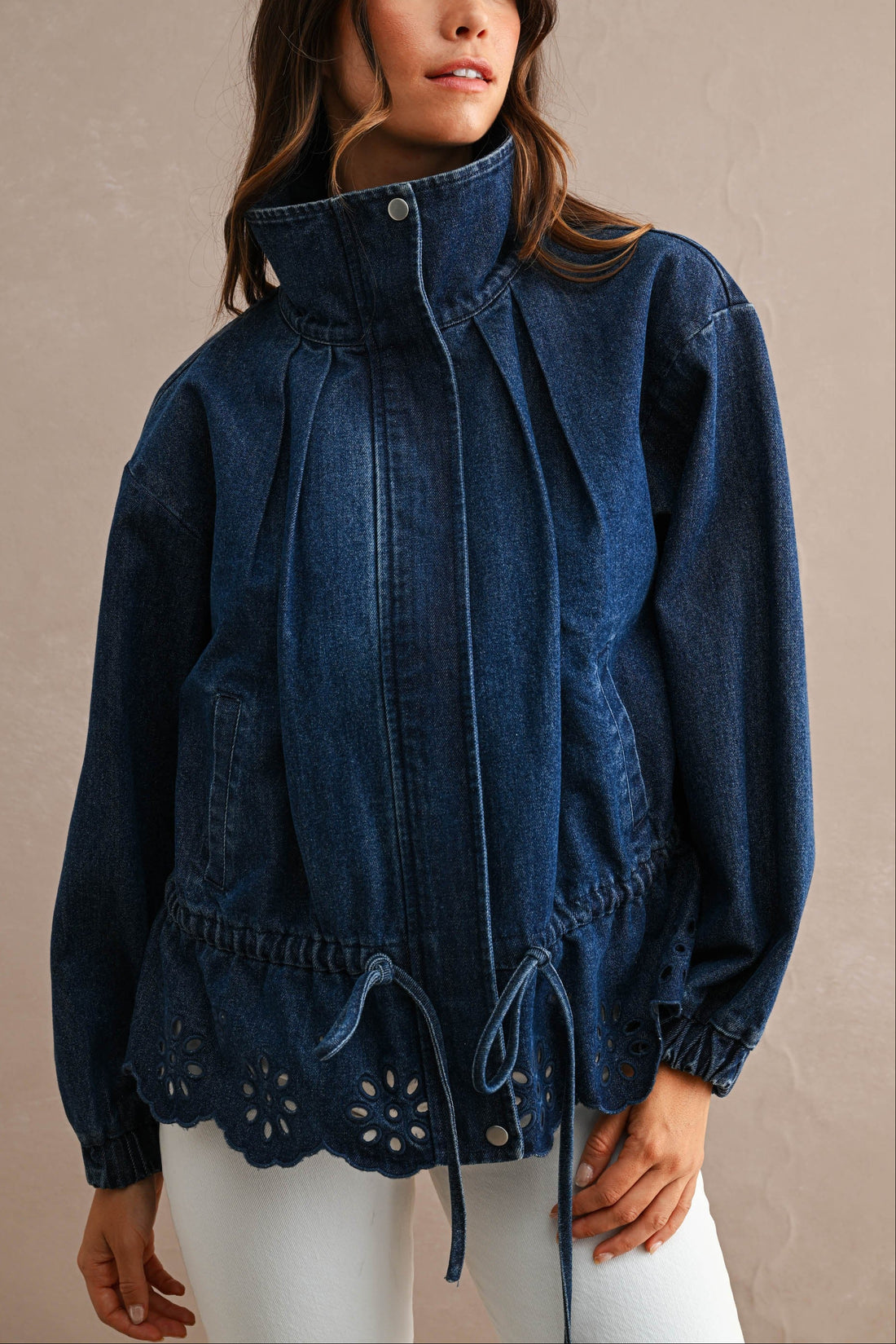Eyelet Embroidered Drawstring Denim Utility Jacket
