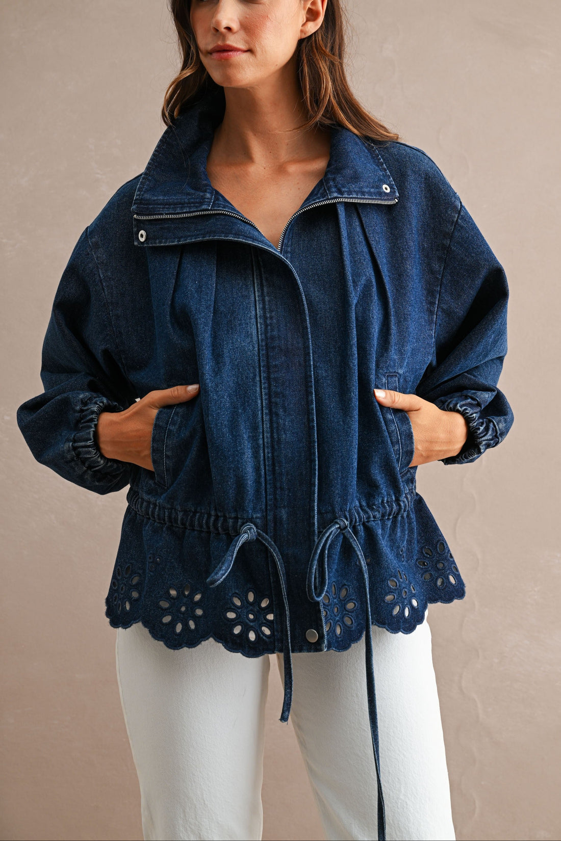 Eyelet Embroidered Drawstring Denim Utility Jacket