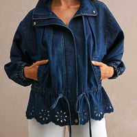 Eyelet Embroidered Drawstring Denim Utility Jacket