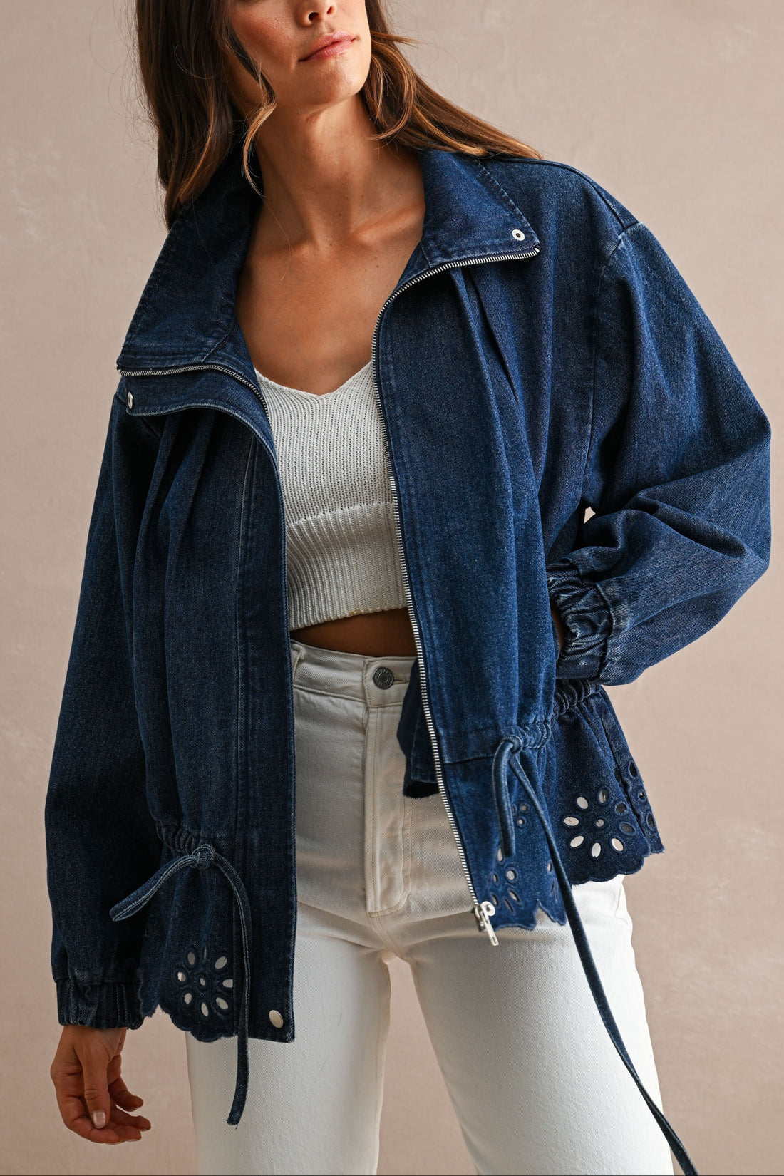 Eyelet Embroidered Drawstring Denim Utility Jacket