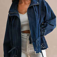 Eyelet Embroidered Drawstring Denim Utility Jacket