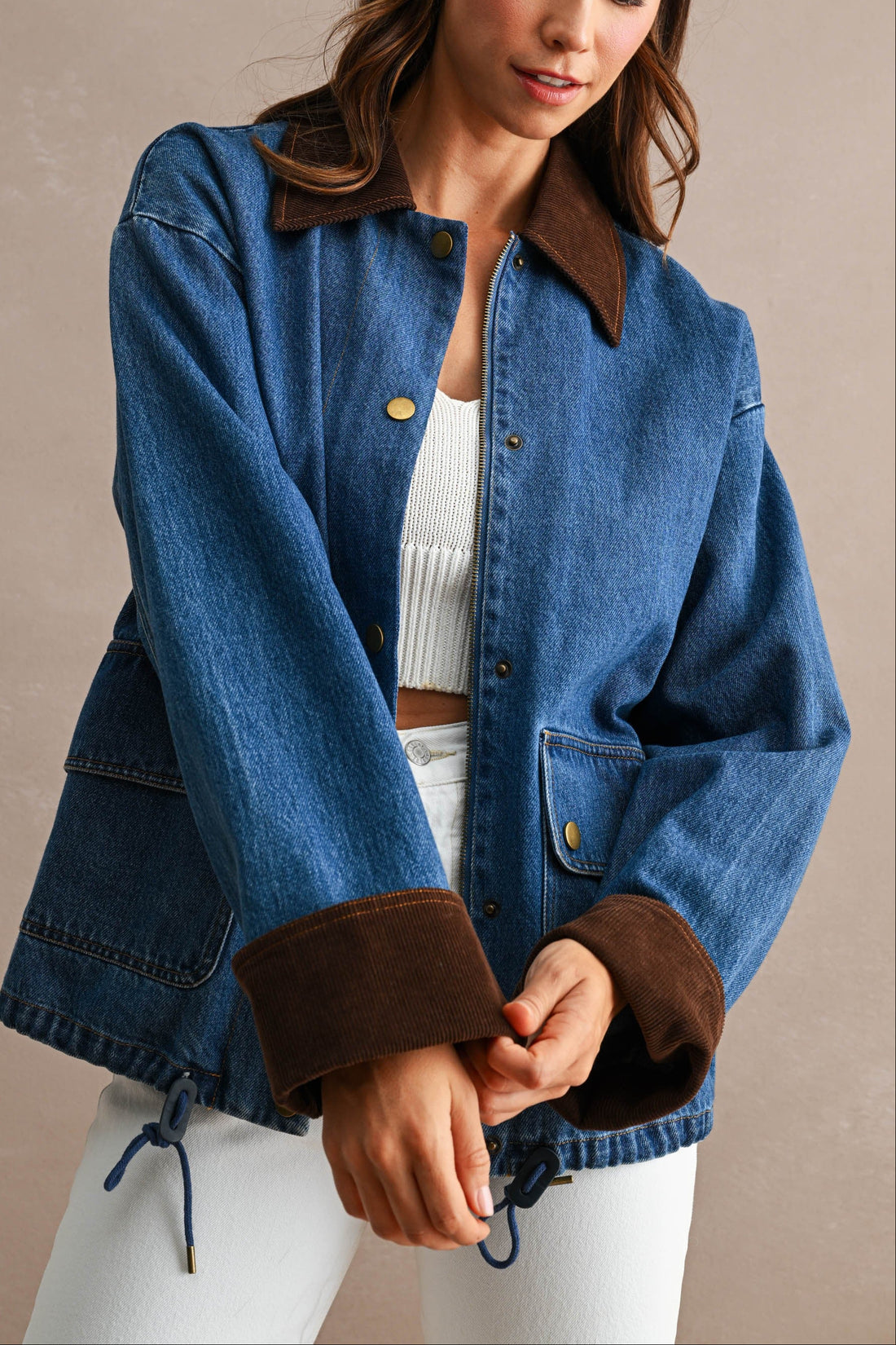 Oversized Denim Jacket with Contrast Corduroy Collar & Cuffs