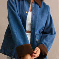 Oversized Denim Jacket with Contrast Corduroy Collar & Cuffs