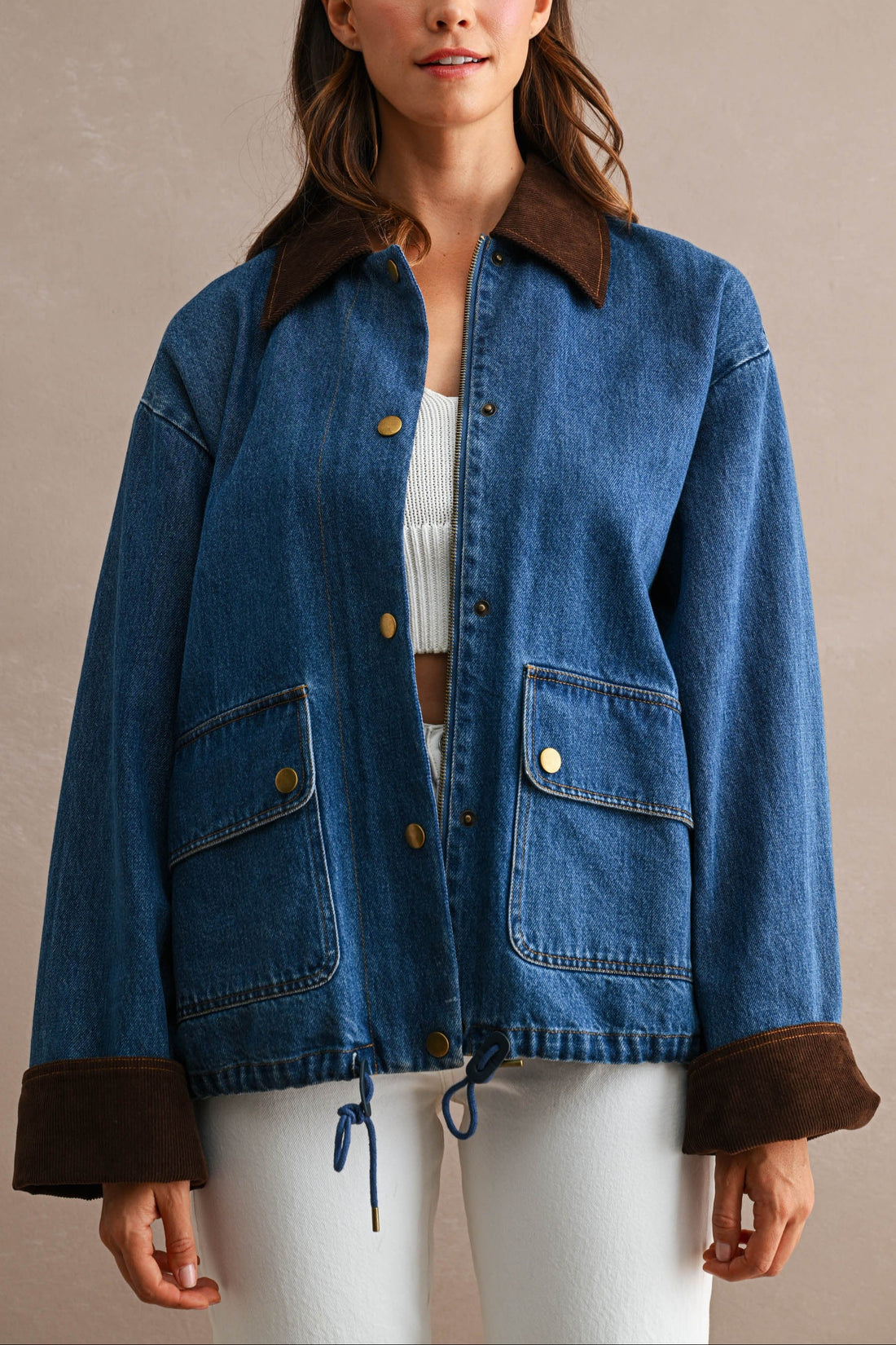 Oversized Denim Jacket with Contrast Corduroy Collar & Cuffs