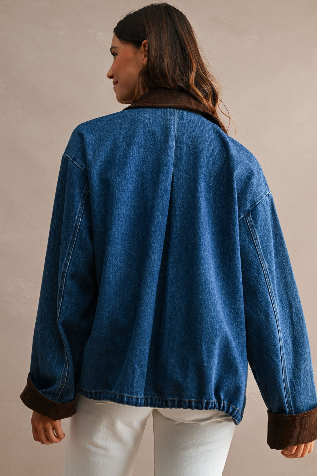 Oversized Denim Jacket with Contrast Corduroy Collar & Cuffs