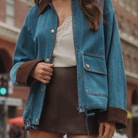 Oversized Denim Jacket with Contrast Corduroy Collar & Cuffs