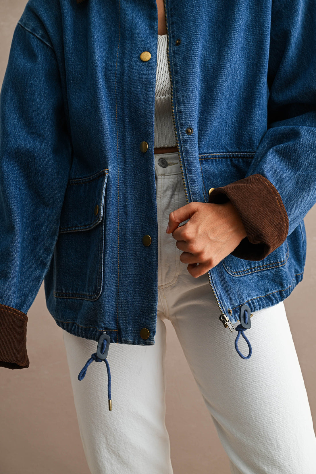 Oversized Denim Jacket with Contrast Corduroy Collar & Cuffs