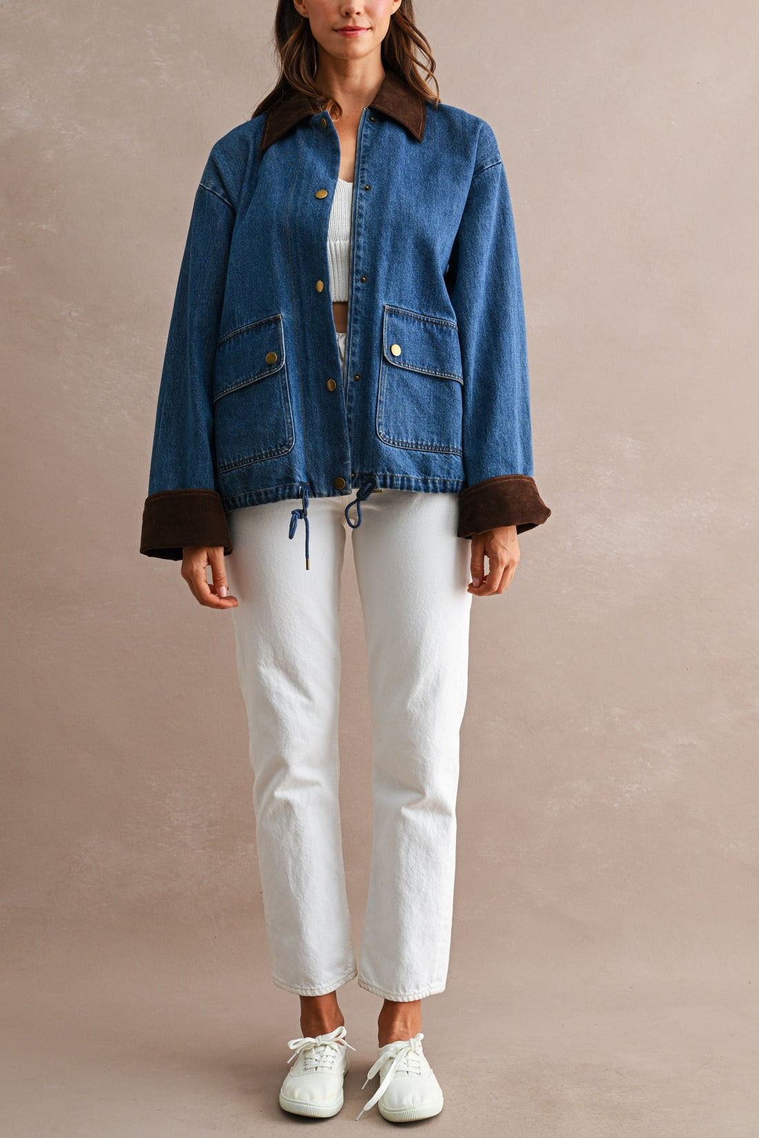 Oversized Denim Jacket with Contrast Corduroy Collar & Cuffs