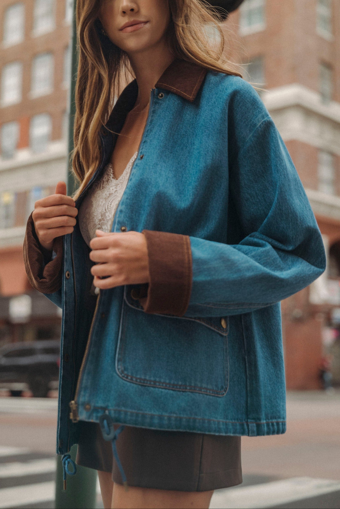 Oversized Denim Jacket with Contrast Corduroy Collar & Cuffs