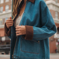 Oversized Denim Jacket with Contrast Corduroy Collar & Cuffs