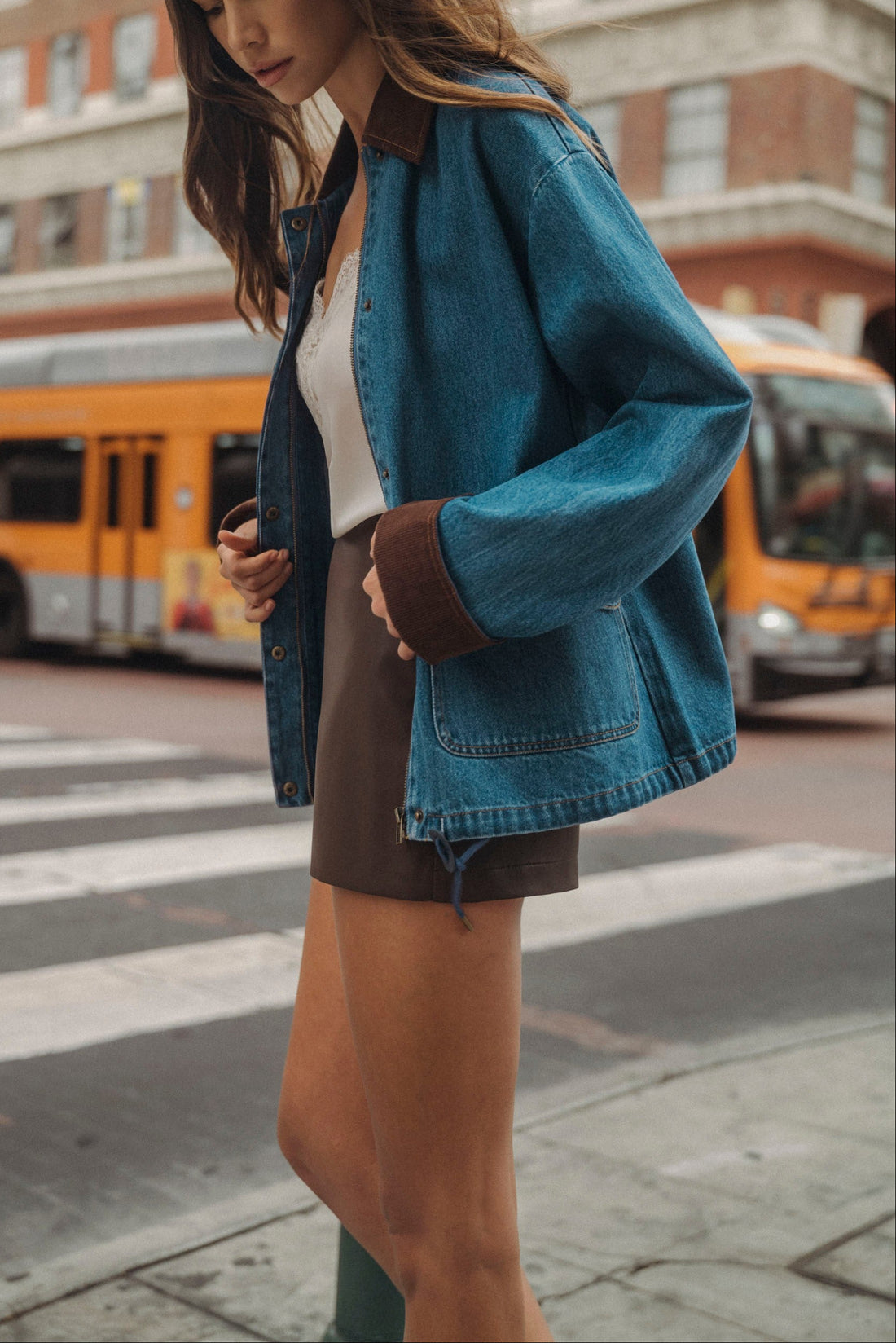 Oversized Denim Jacket with Contrast Corduroy Collar & Cuffs