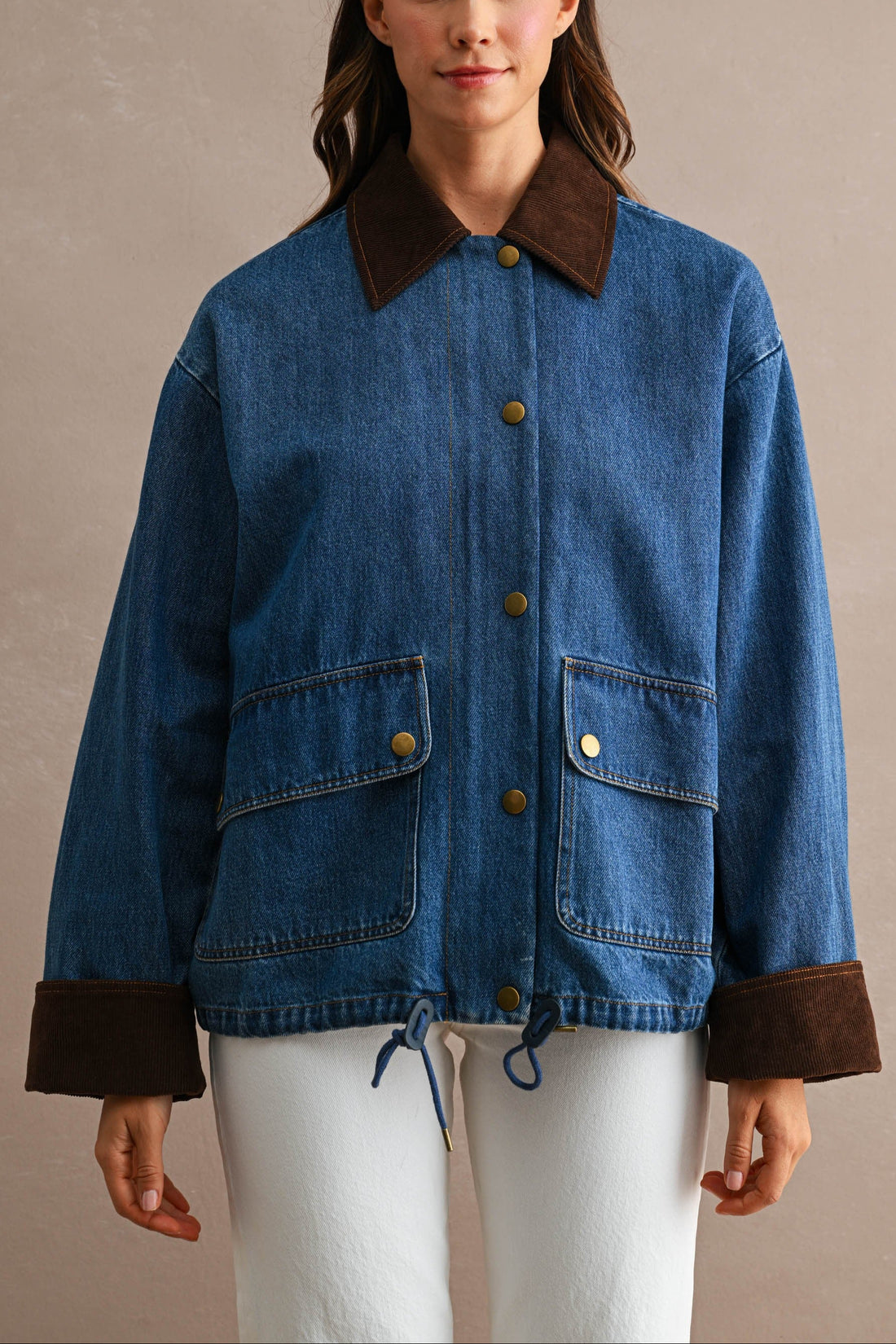 Oversized Denim Jacket with Contrast Corduroy Collar & Cuffs