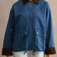 Oversized Denim Jacket with Contrast Corduroy Collar & Cuffs