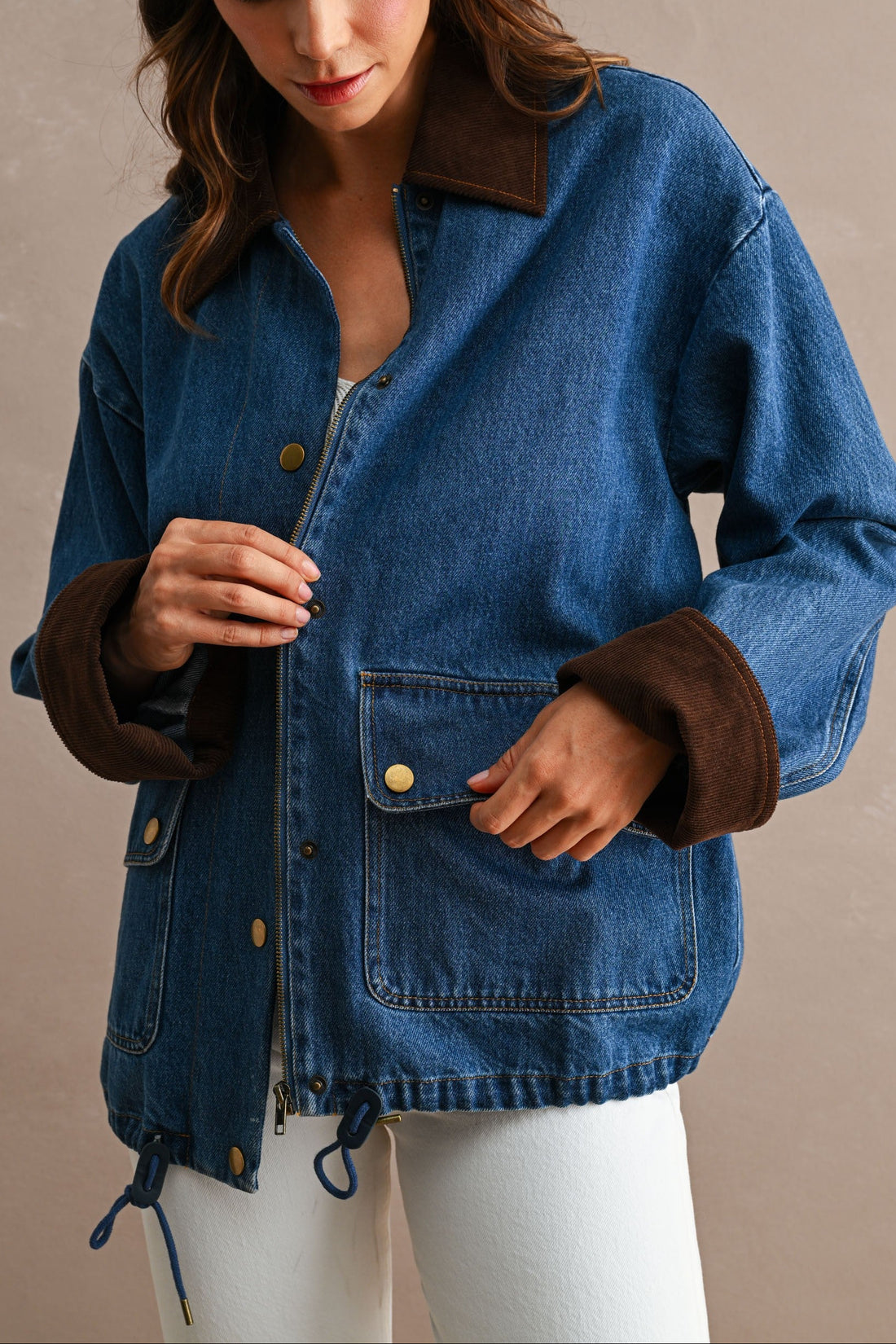 Oversized Denim Jacket with Contrast Corduroy Collar & Cuffs