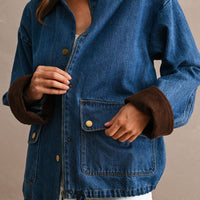 Oversized Denim Jacket with Contrast Corduroy Collar & Cuffs