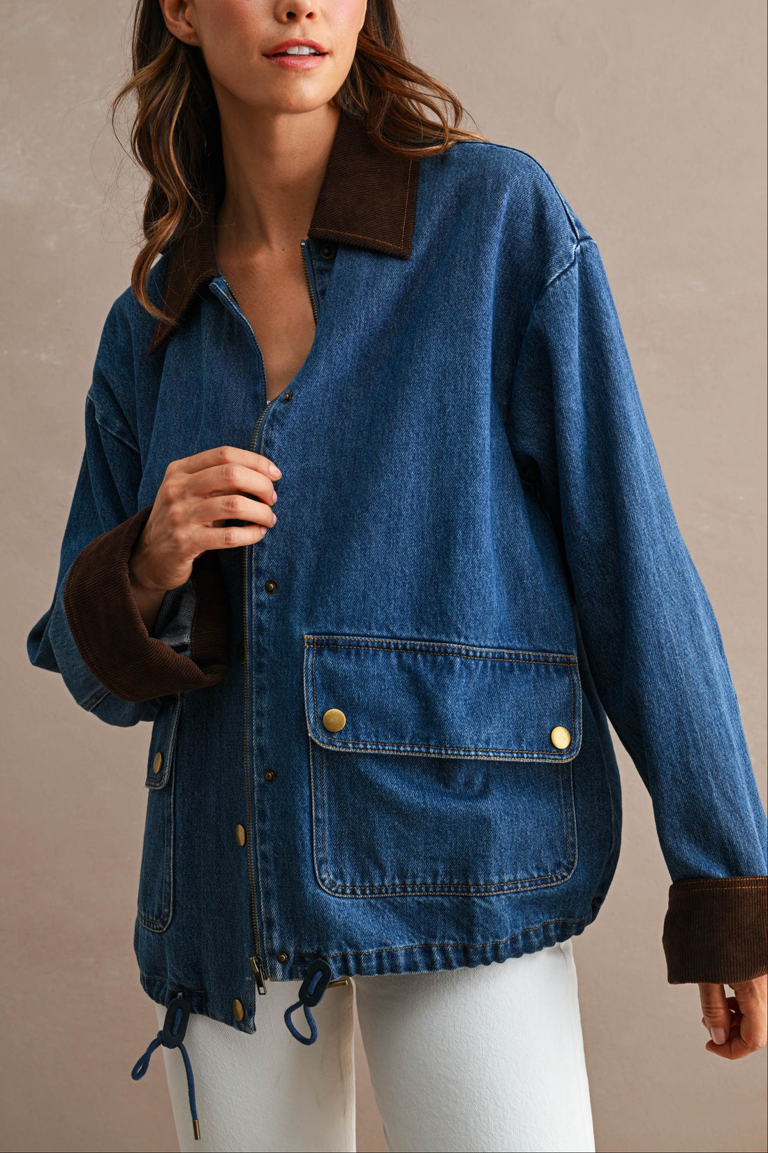 Oversized Denim Jacket with Contrast Corduroy Collar & Cuffs