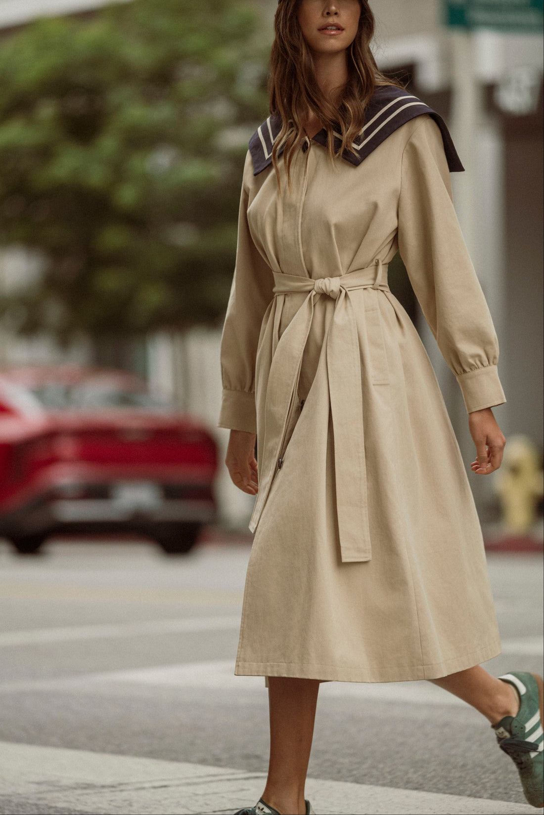 Women’s Nautical Sailor Collar Belted Cotton Trench Coat