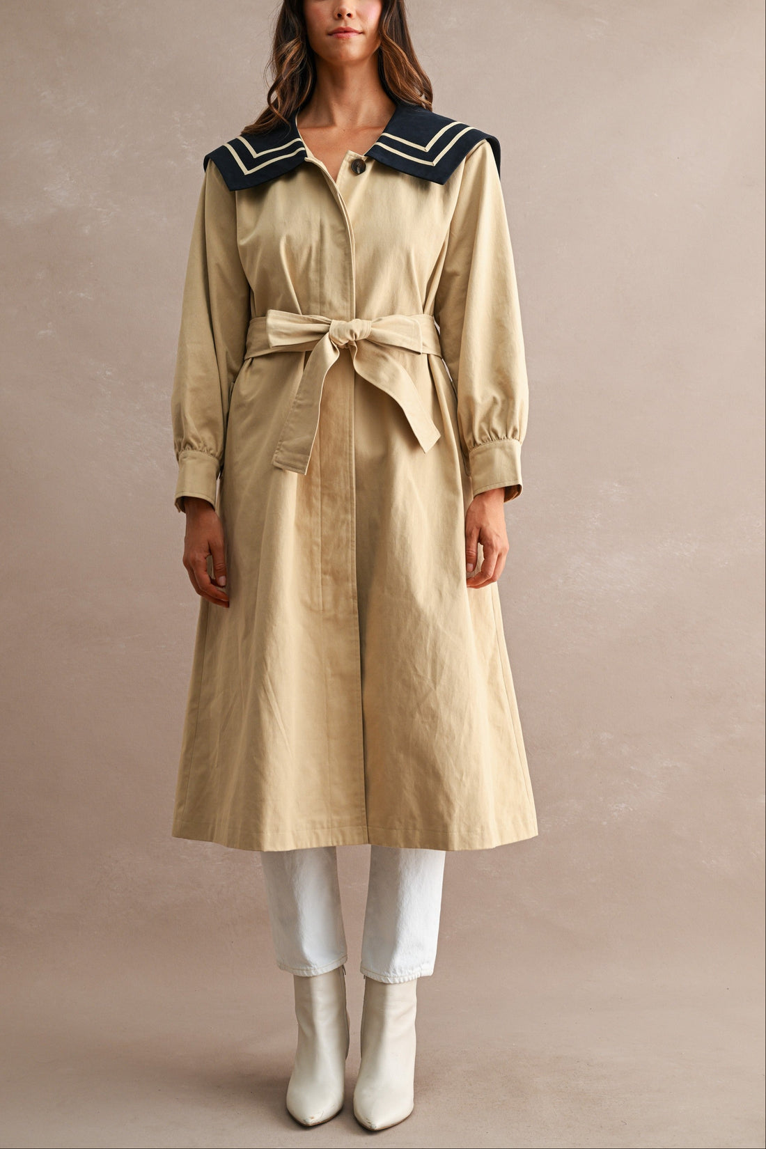 Women’s Nautical Sailor Collar Belted Cotton Trench Coat