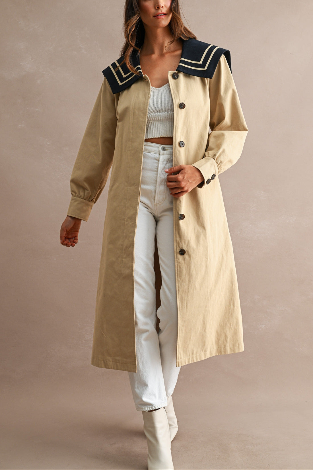 Women’s Nautical Sailor Collar Belted Cotton Trench Coat
