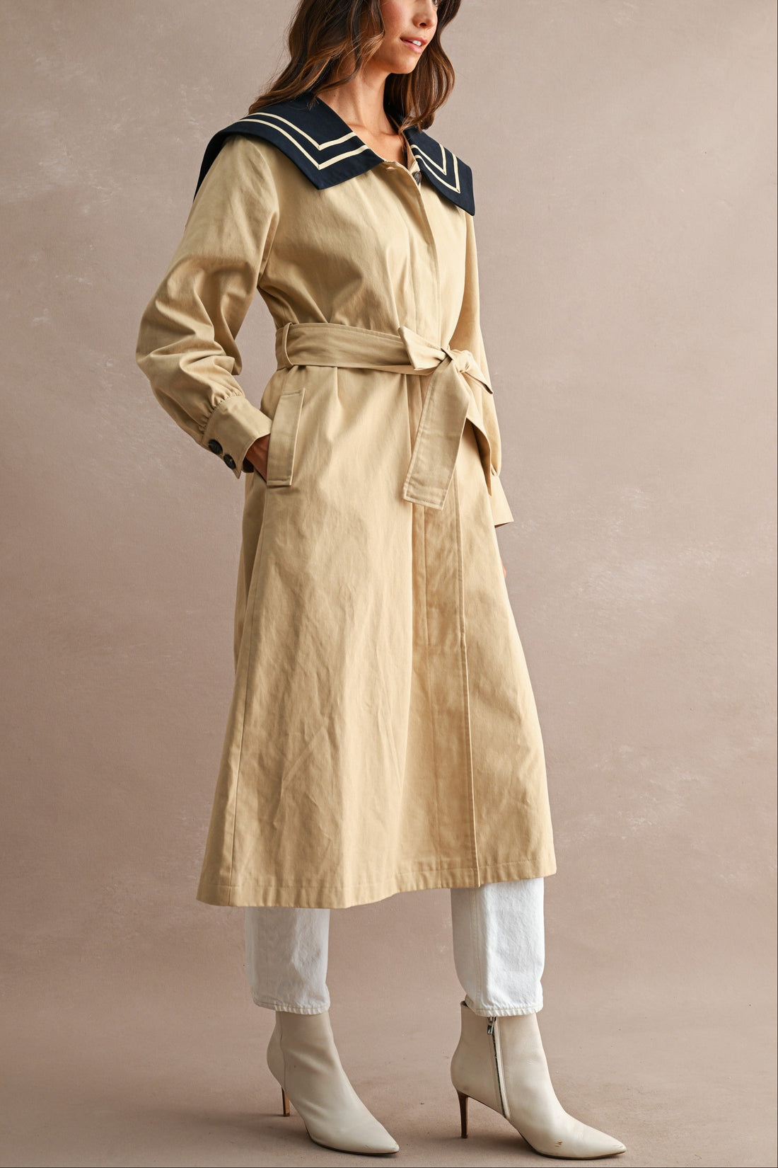 Women’s Nautical Sailor Collar Belted Cotton Trench Coat