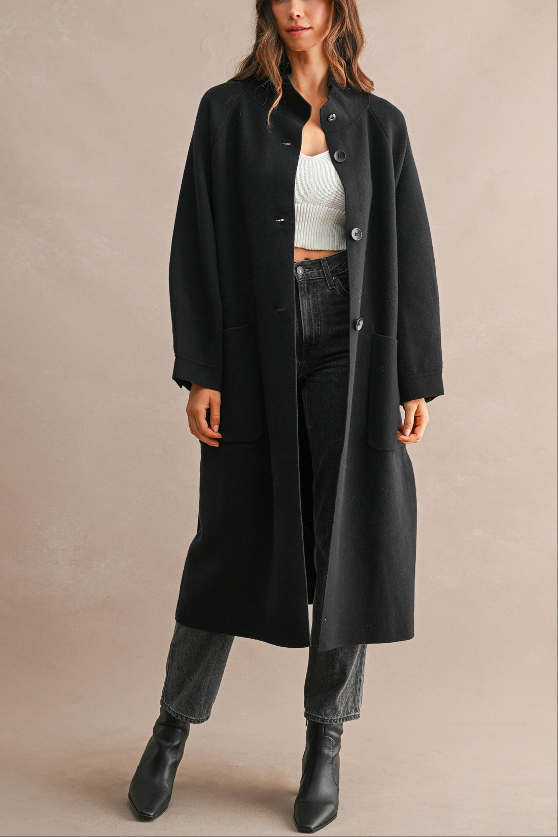 Black Stand Collar Belted Long Coat – Relaxed Fit Women's Coat