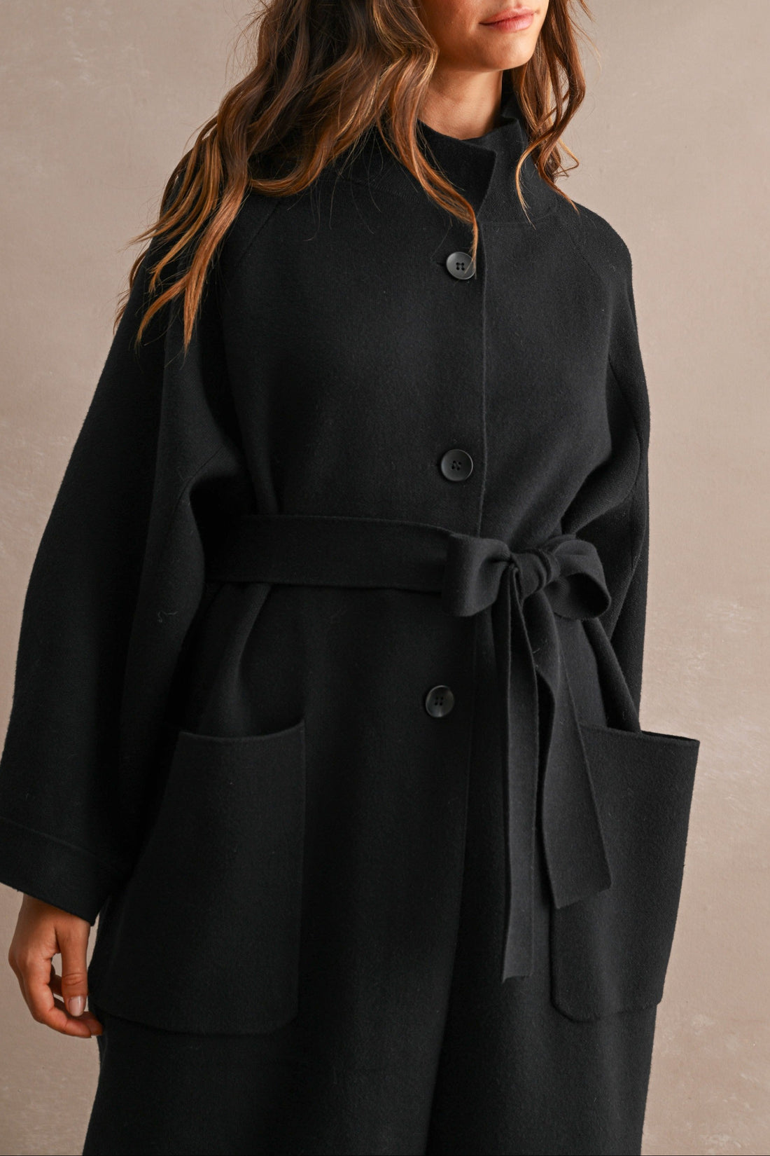 Black Stand Collar Belted Long Coat – Relaxed Fit Women's Coat